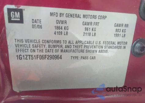2006 Chevrolet Malibu Lt from USA, damaged, VIN 1G1ZT51F06F290964